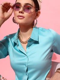 STREET 9 Turquoise Blue Shirt Style Crop Top