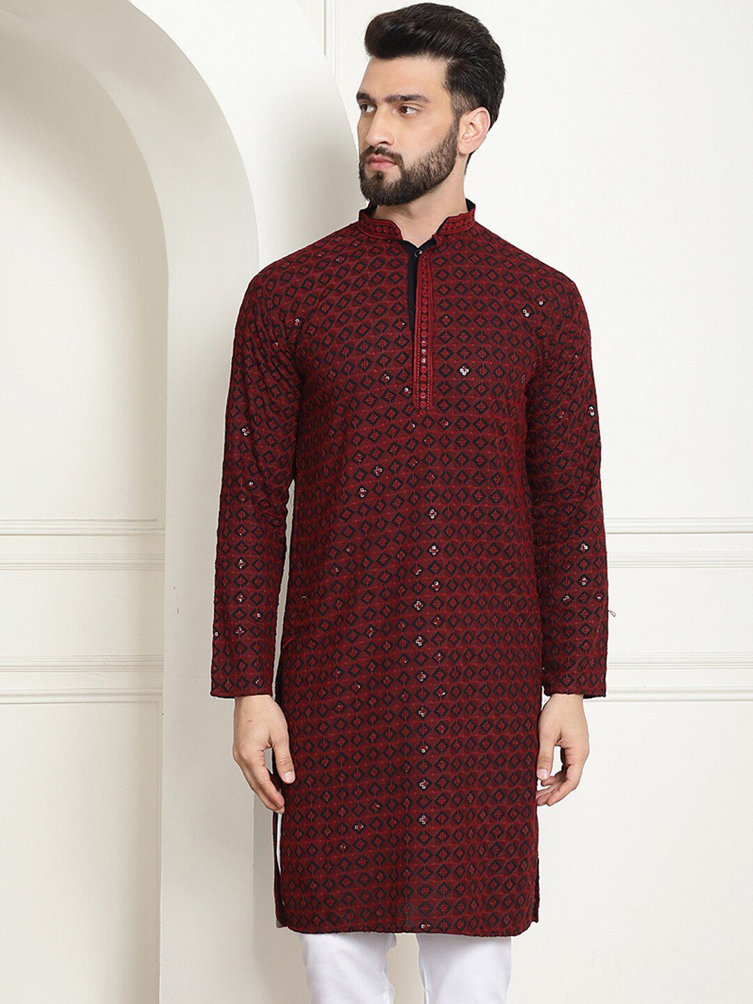 SOJANYA Geometric Embroidered Sequinned Pure Cotton Kurta