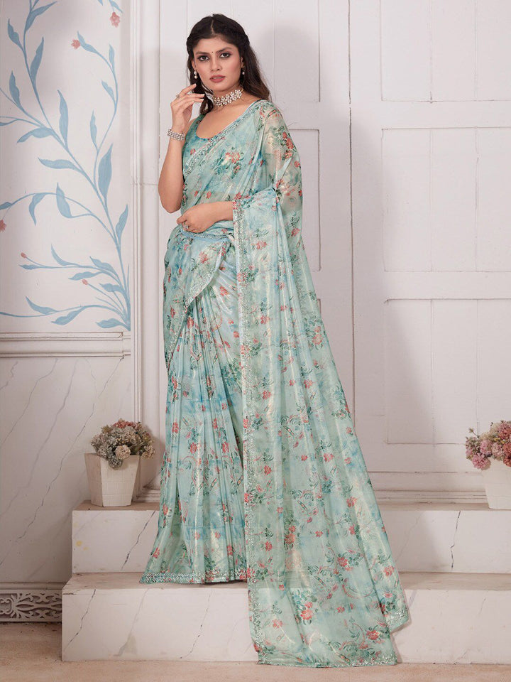 Saree mall Floral Printed Beads & Stones Organza Saree