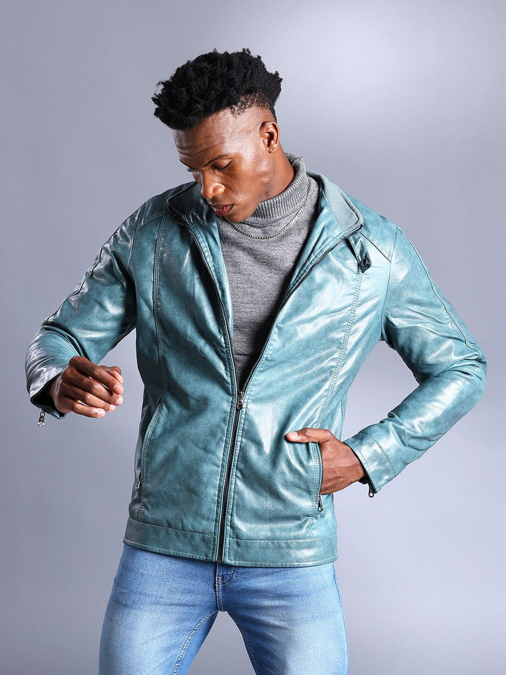 The Indian Garage Co Men Slim Fit Faux Biker Jacket with Zip Closure
