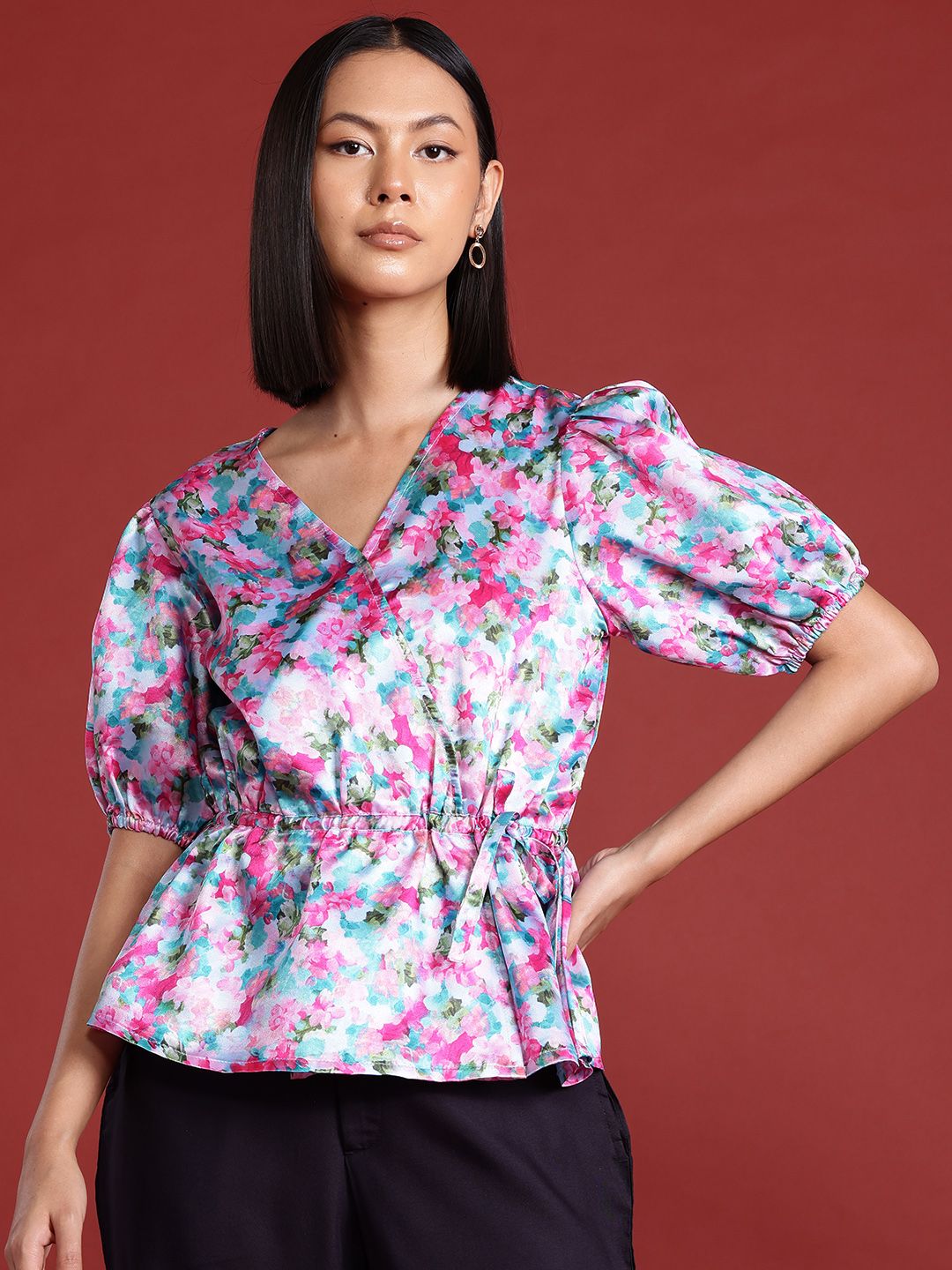 all about you Floral Printed Puff Sleeves Wrap Top