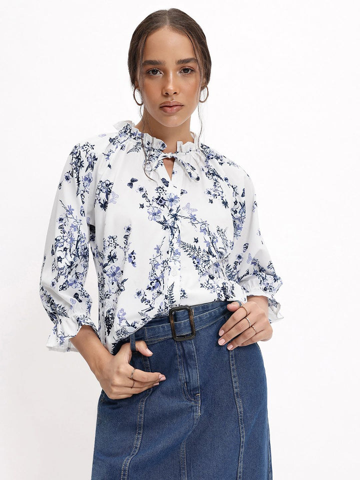 DressBerry Periwinkle Floral Print Shirt Style Top