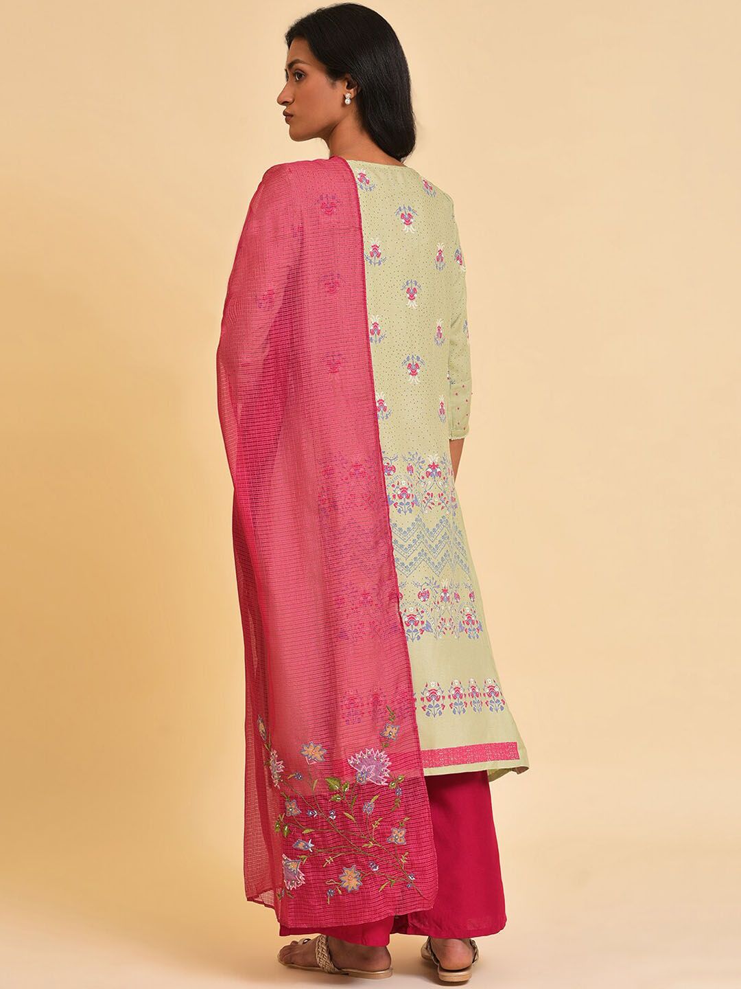 W Green & Pink Floral Printed Sequined Kurta with Palazzos & Dupatta