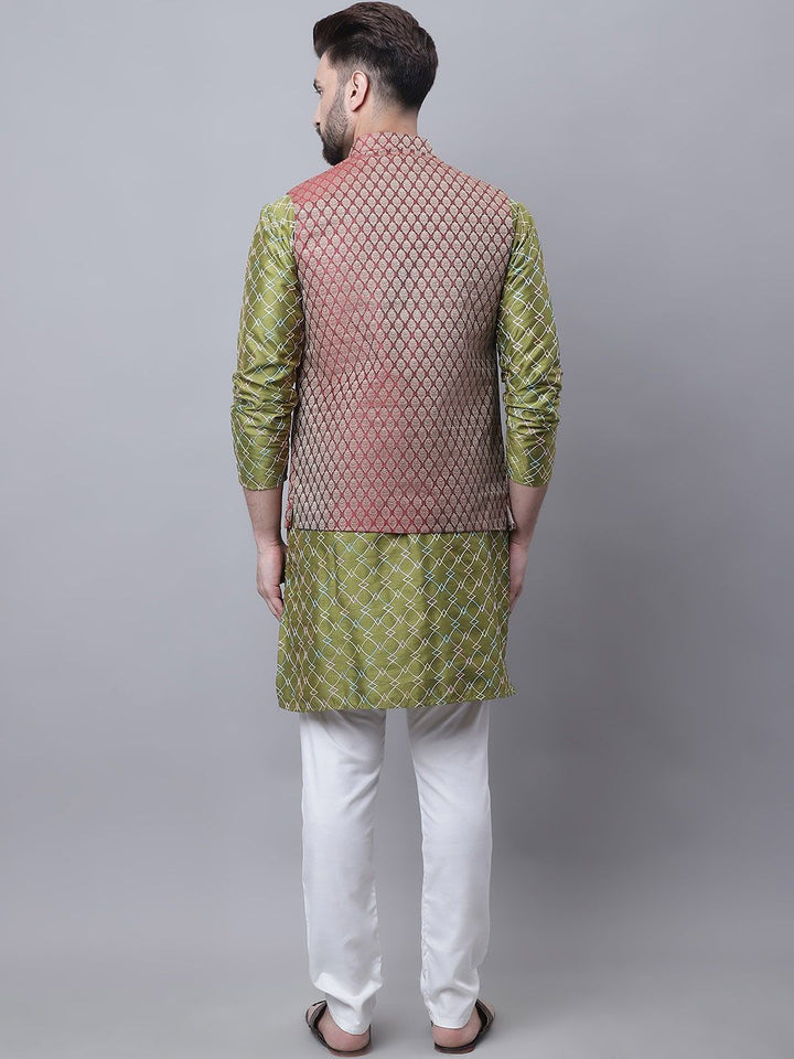 SOJANYA Embroidered Straight Kurta With Churidar & Nehru Jacket