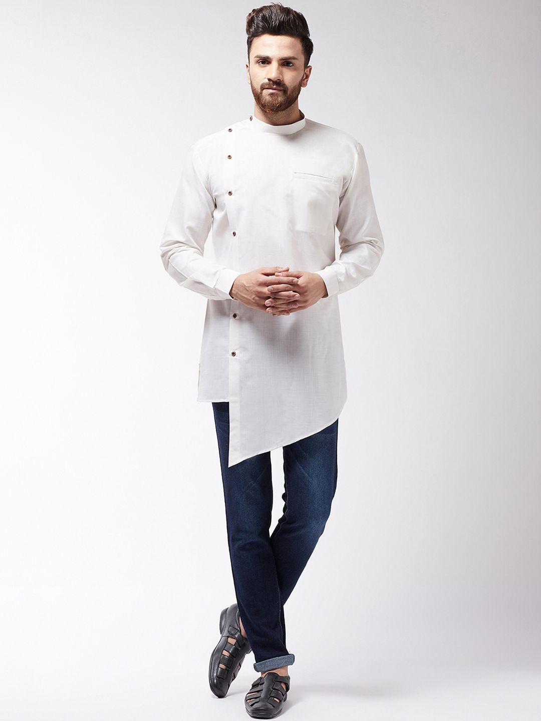 SOJANYA Men Off-White Solid Asymmetric Kurta