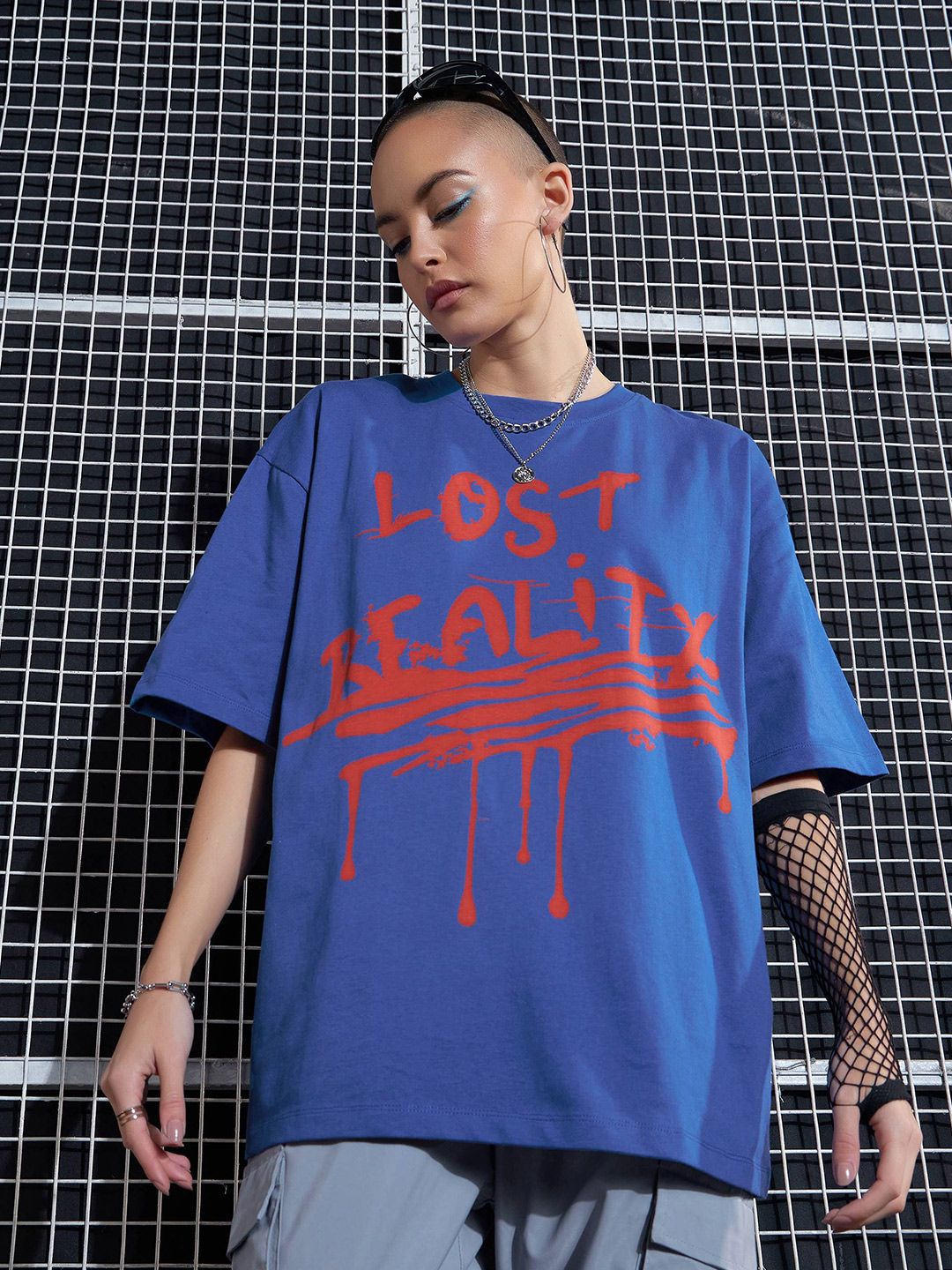 SASSAFRAS Blue Graphic Printed Drop-Shoulder Oversized Pure Cotton T-shirt
