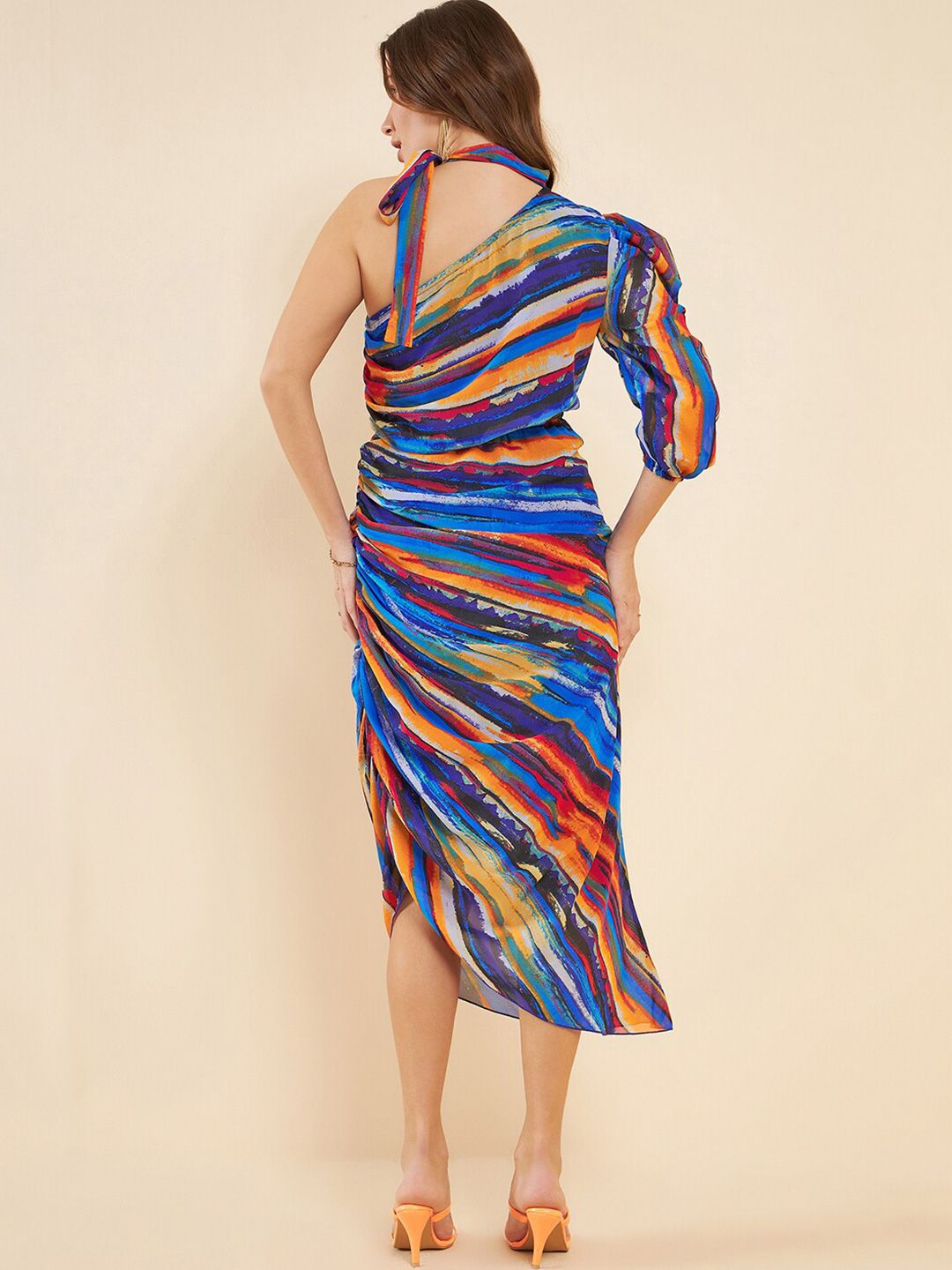 Antheaa Blue Abstract Printed One Shoulder Puff Sleeves Ruched Georgette A-Line Midi Dress