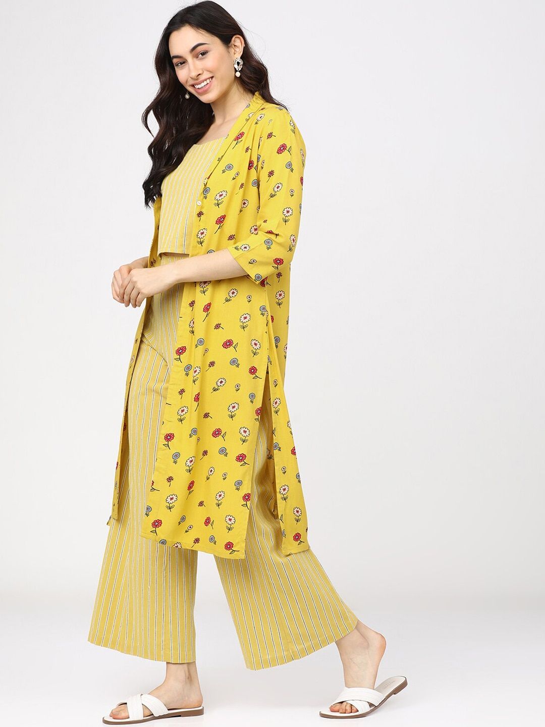 Vishudh Women Yellow Striped Regular Top with Palazzos & Jacket
