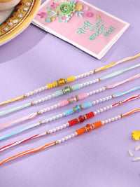 NVR Unisex Set of 6 Multicolor Artificial Stones & Pearls Rakhi With Roli Chawal