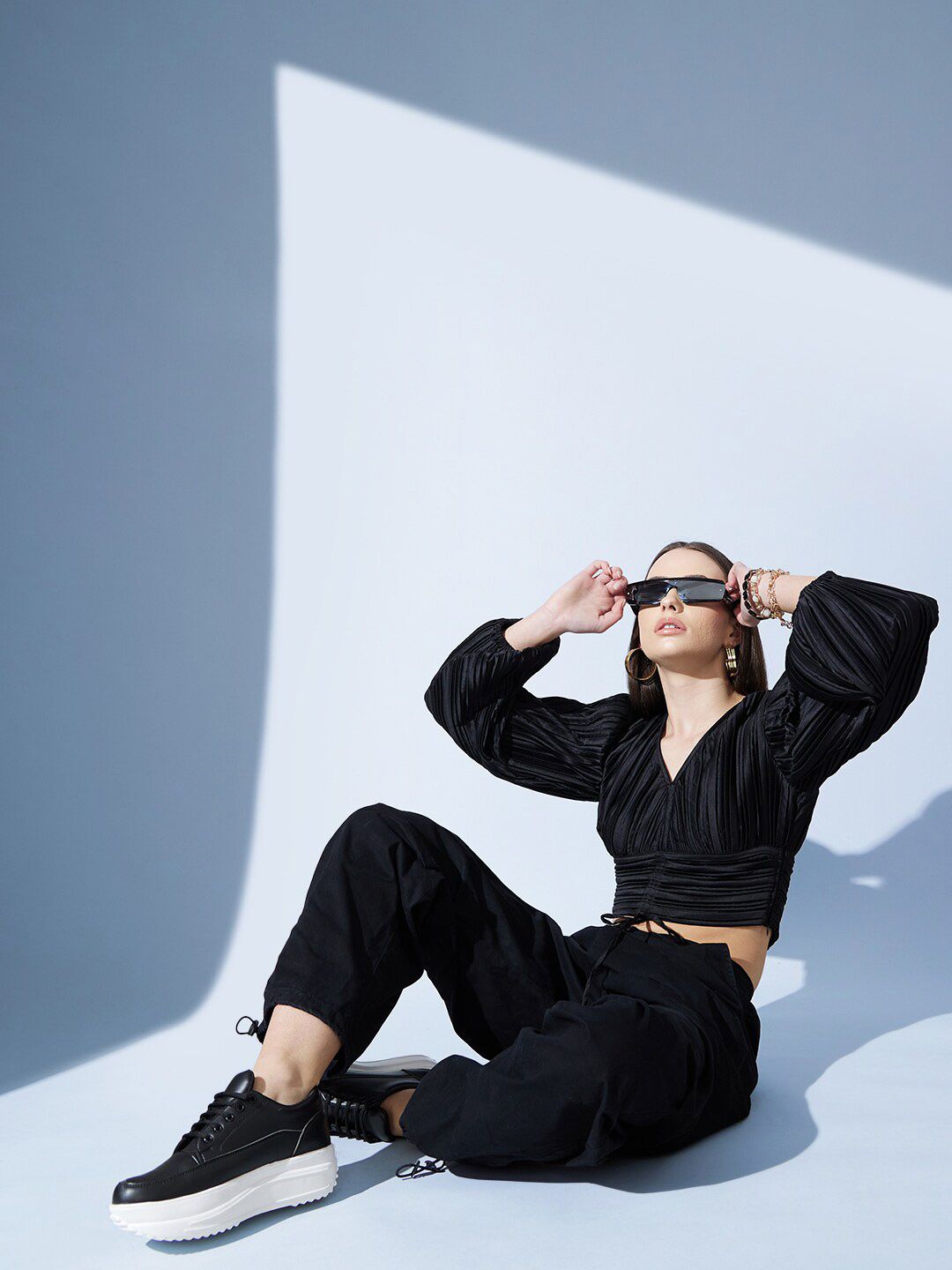 STREET 9 Black Bishop Sleeves Accordion Pleats Crop Top