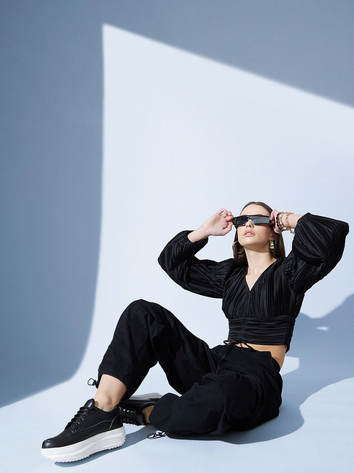 STREET 9 Black Bishop Sleeves Accordion Pleats Crop Top