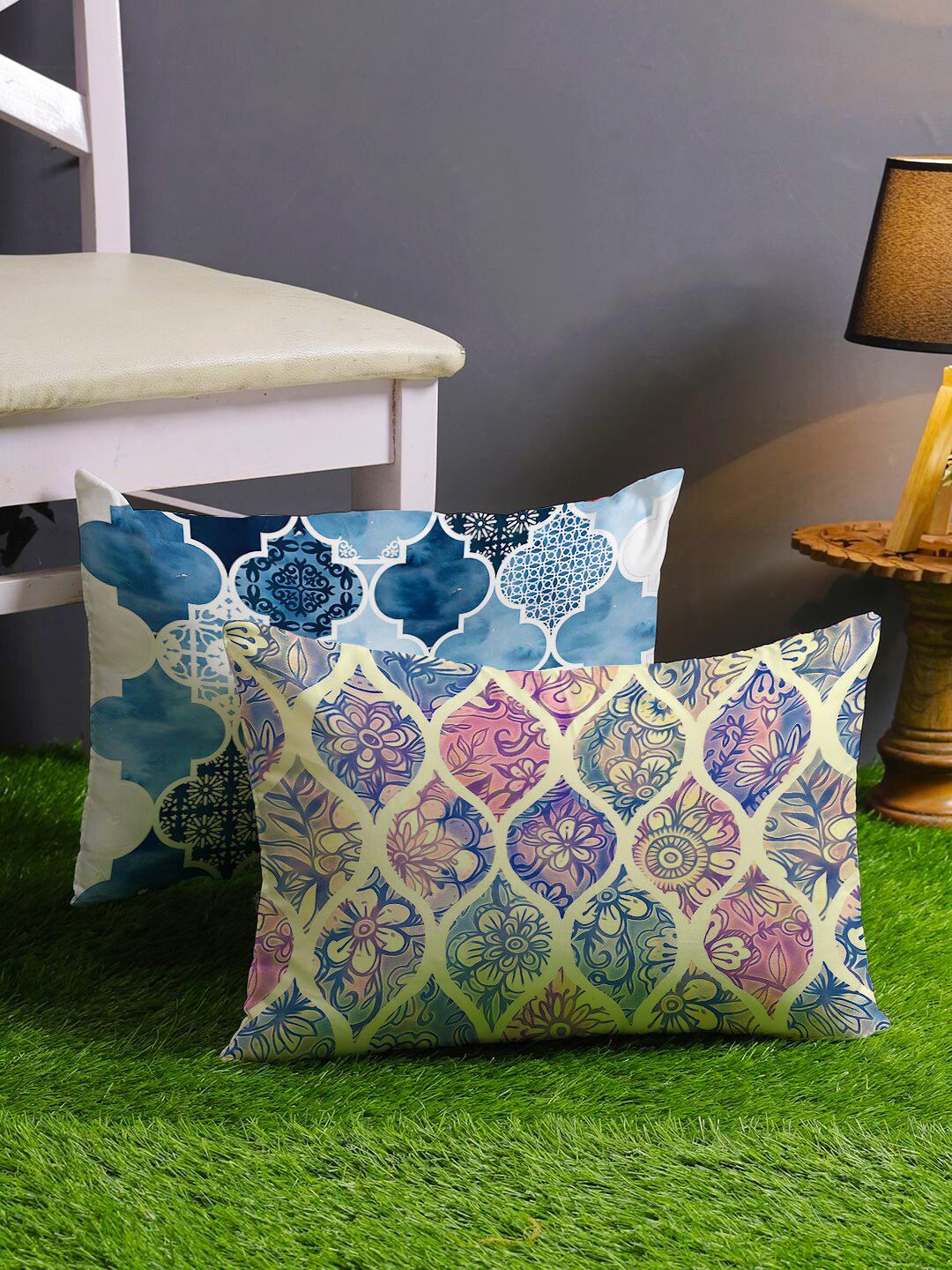 STITCHNEST Blue & Yellow Set of 2 Ethnic Motifs Rectangle Cushion Covers
