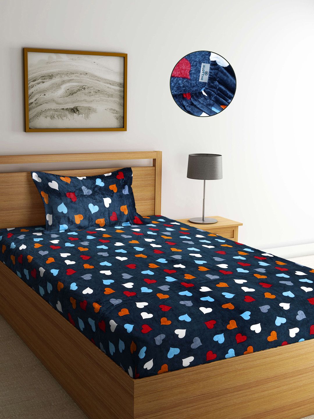 KLOTTHE Blue Printed 300 TC Woolen Single Bedsheet With Pillow Cover