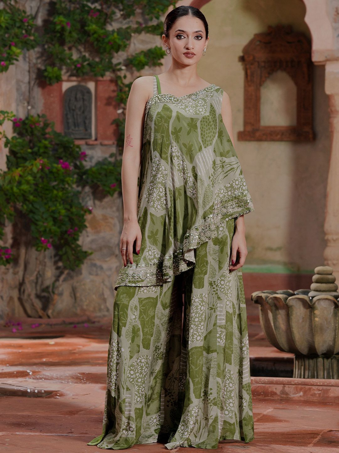 Libas Floral Printed One Shoulder Sleeveless Tunic & Palazzo With Slip