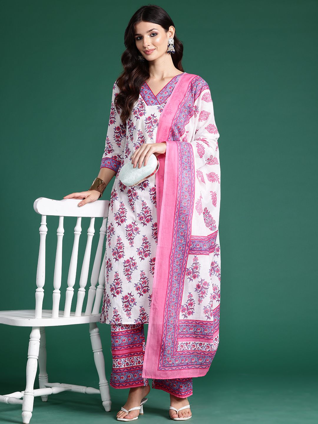 Indo Era Floral Printed Pure Cotton Kurta With Palazzos & Dupatta