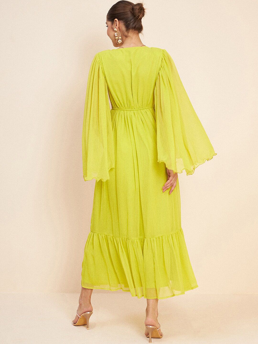 Antheaa Green V-Neck Slit Sleeves Embellished Detail Maxi Dress