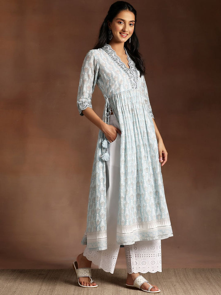 Libas Grey Floral Printed V-Neck Flared Pure Cotton A-Line Kurta With Palazzos & Dupatta