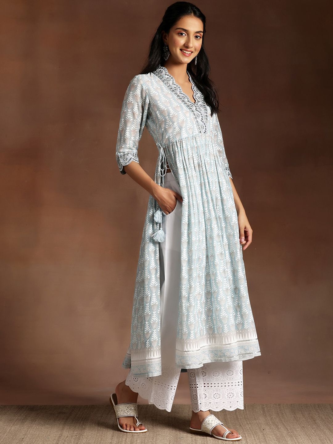 Libas Grey Floral Printed V-Neck Flared Pure Cotton A-Line Kurta With Palazzos & Dupatta