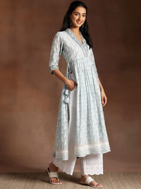 Libas Grey Floral Printed V-Neck Flared Pure Cotton A-Line Kurta With Palazzos & Dupatta