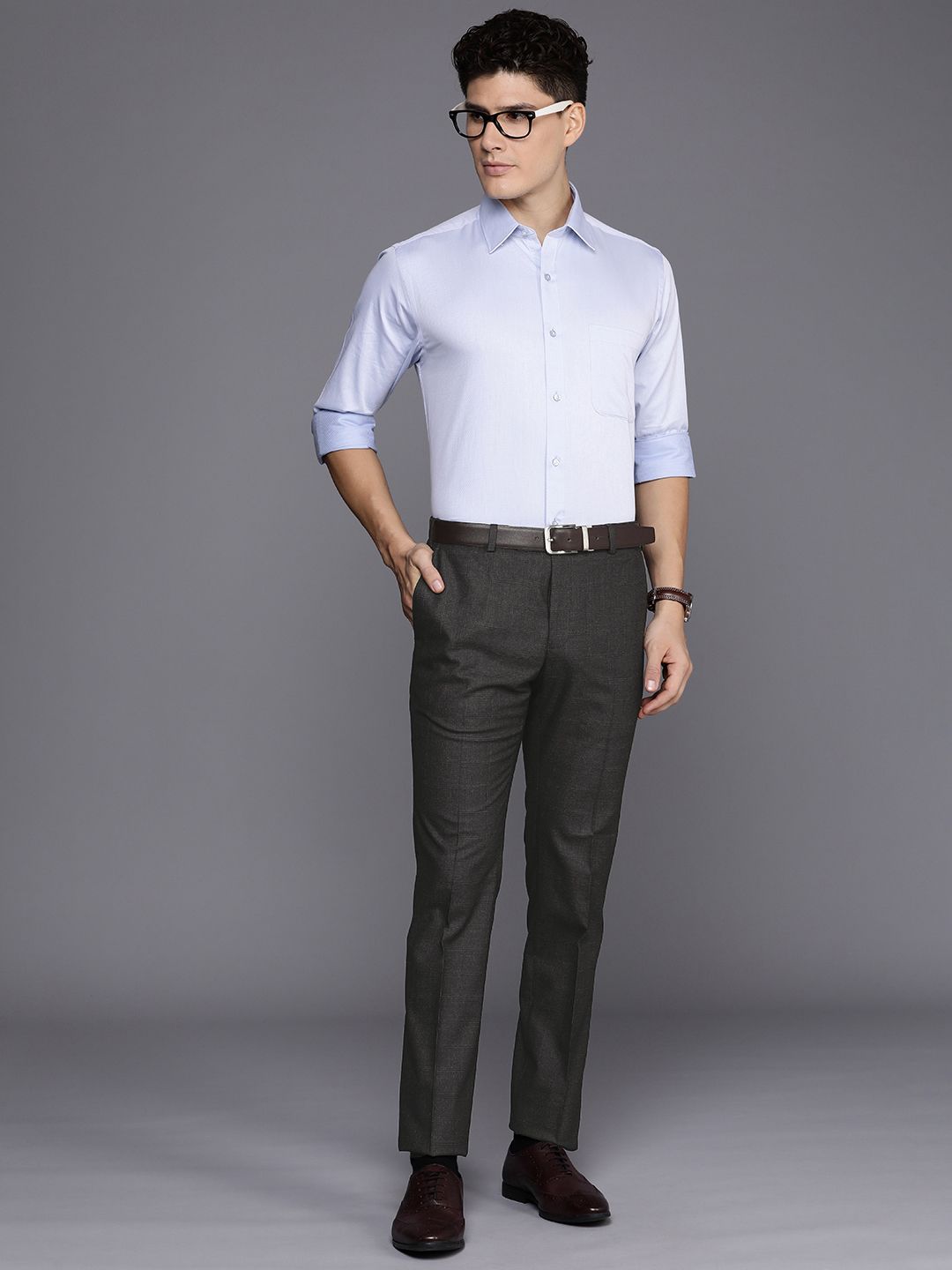 Raymond Men Checked Flat Front Slim Fit Formal Trousers