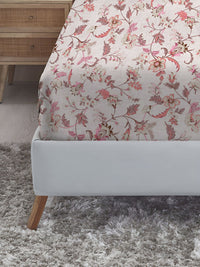 MYTRIDENT White & Peach Floral 210 TC Cotton Fitted King Bedsheet with 2 Pillow Covers