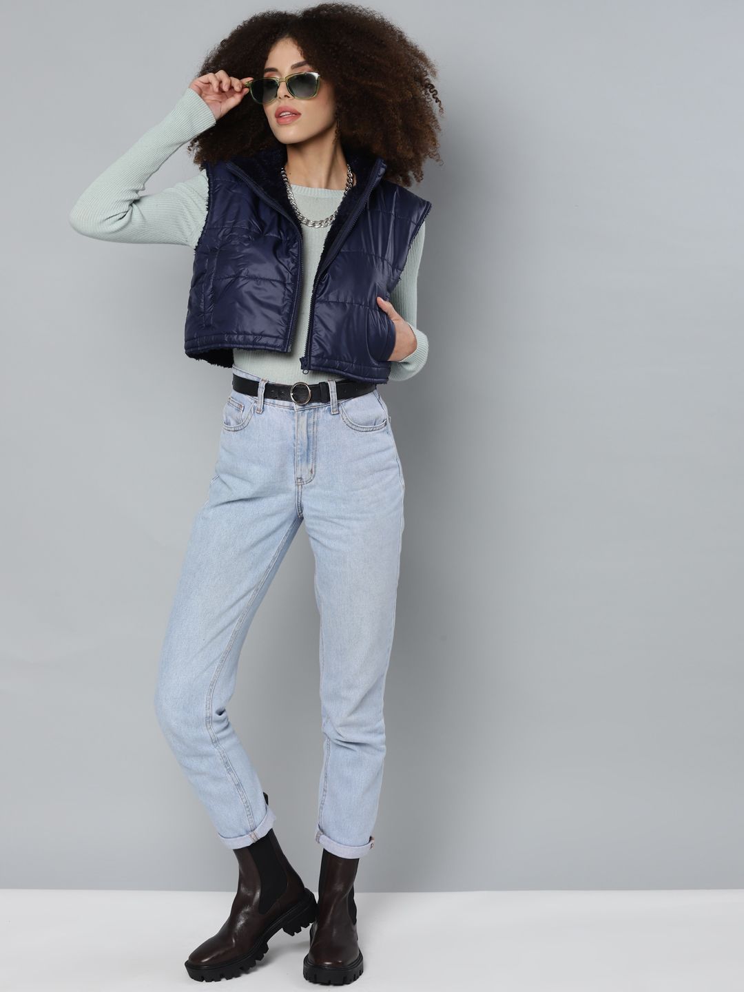 SASSAFRAS Women Navy Blue Crop Padded Jacket