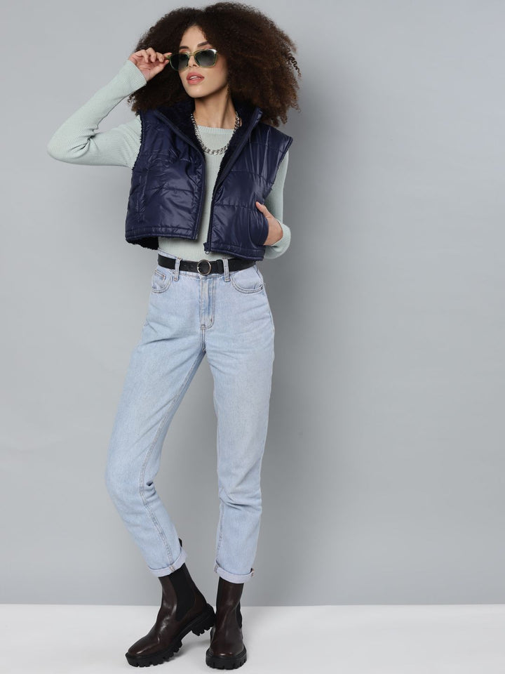 SASSAFRAS Women Navy Blue Crop Padded Jacket