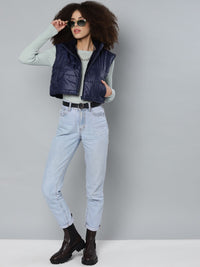 SASSAFRAS Women Navy Blue Crop Padded Jacket