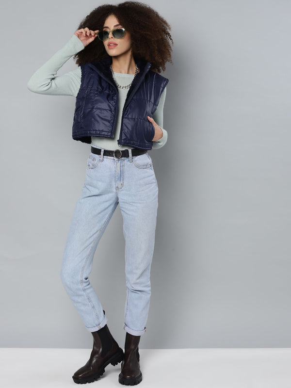 SASSAFRAS Women Navy Blue Crop Padded Jacket
