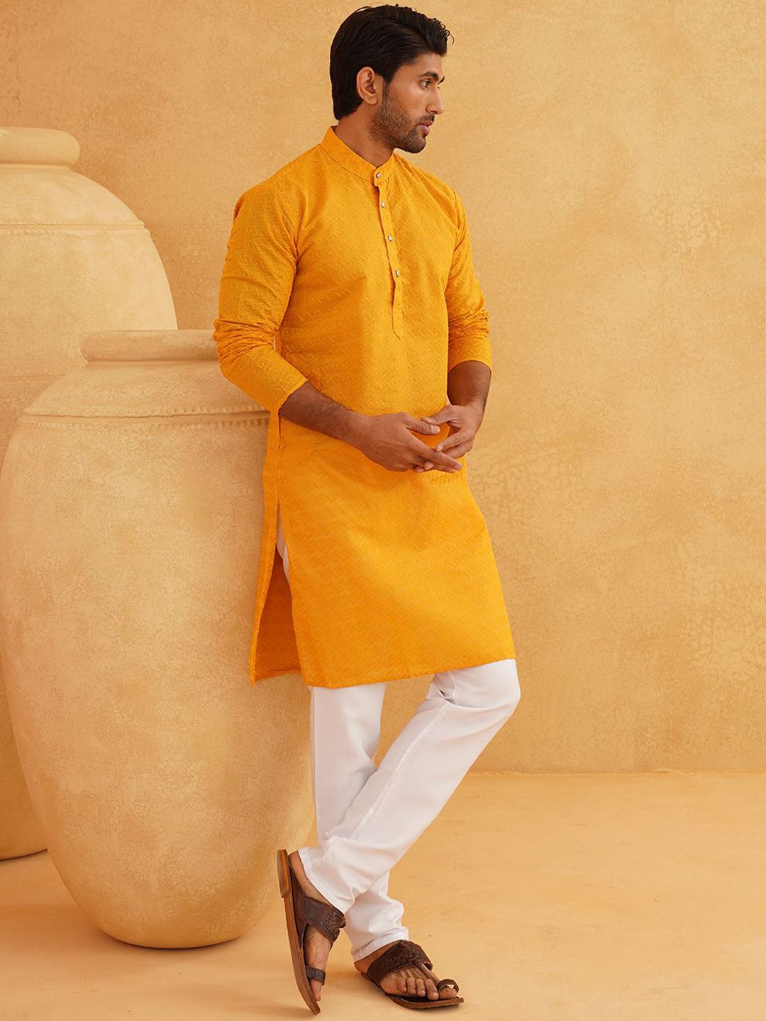 SOJANYA Ethnic Motifs Embroidered Band Collar Thread Work Cotton Kurta With Churidar
