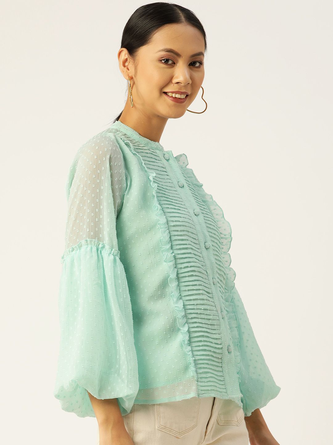 Antheaa Women Sea Green Solid Puff Sleeves Chiffon Top