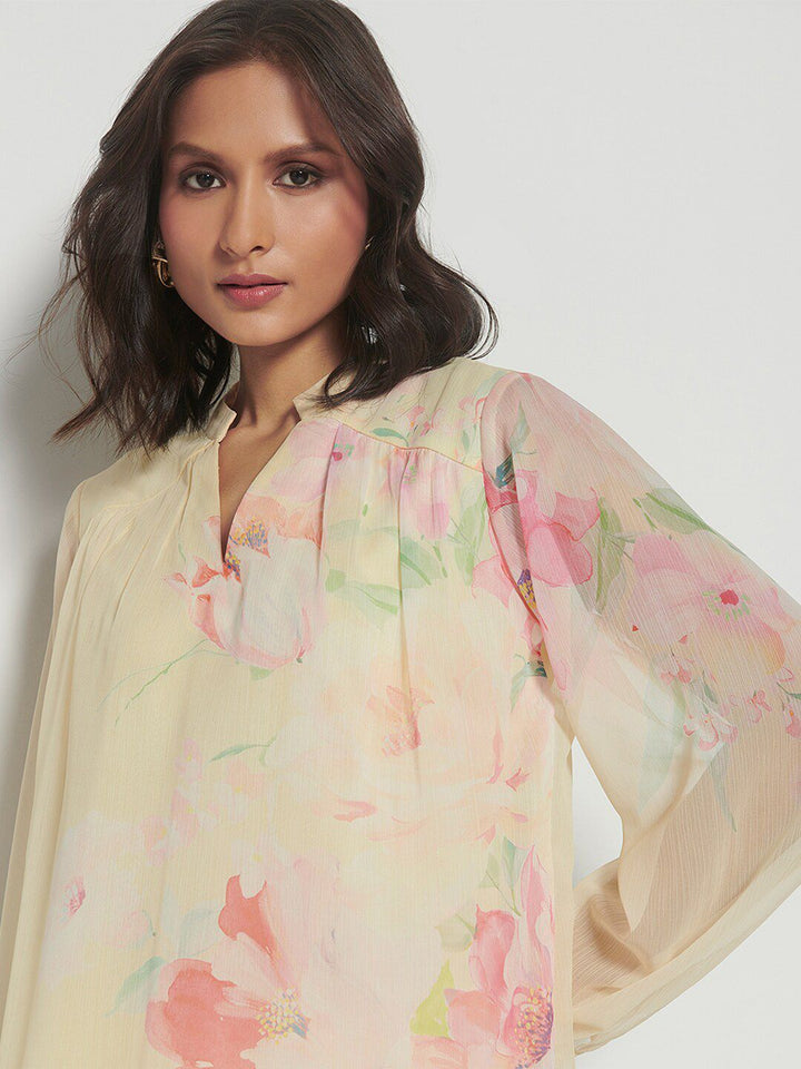 AND Floral Printed Mandarin Collar Cuffed Sleeves Pleated Top