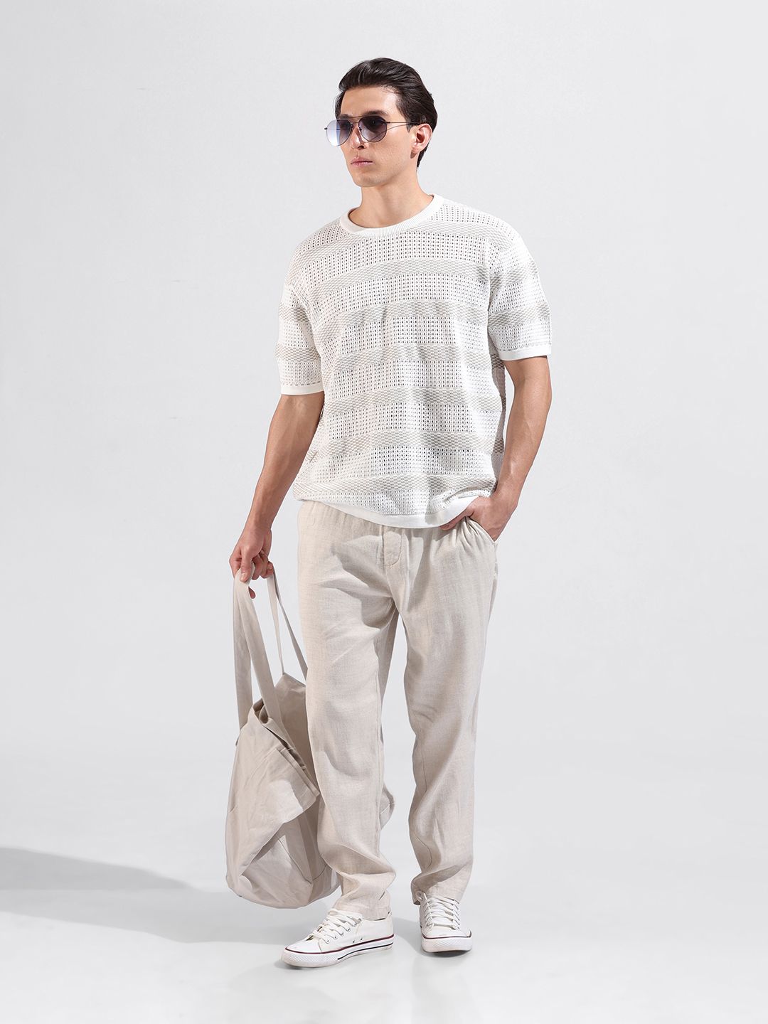 The Indian Garage Co Men Flat Knit Oversized Fit Striped T-Shirt