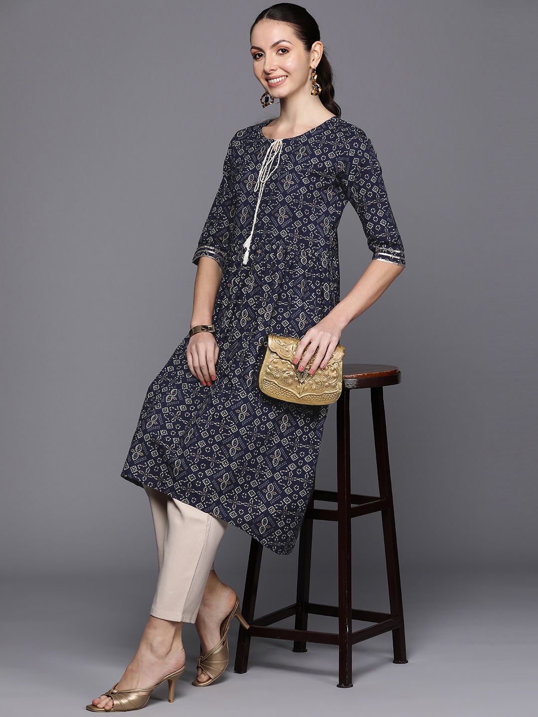 Indo Era Bandhani Foil Printed Tie-Up Neck Indigo Kurta
