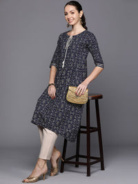 Indo Era Bandhani Foil Printed Tie-Up Neck Indigo Kurta