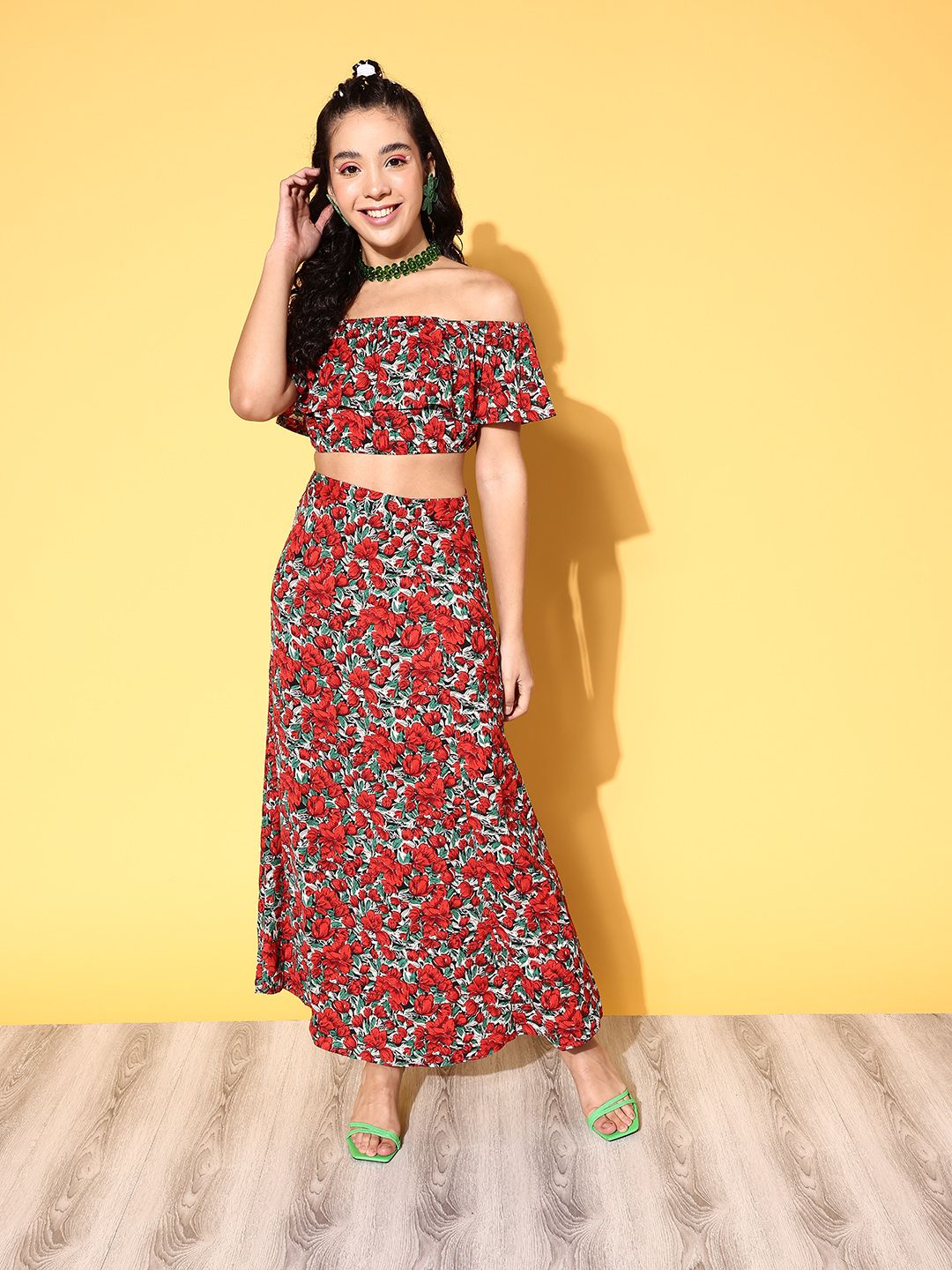 Berrylush Women Deep Red Printed Top with Skirt