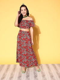 Berrylush Women Deep Red Printed Top with Skirt