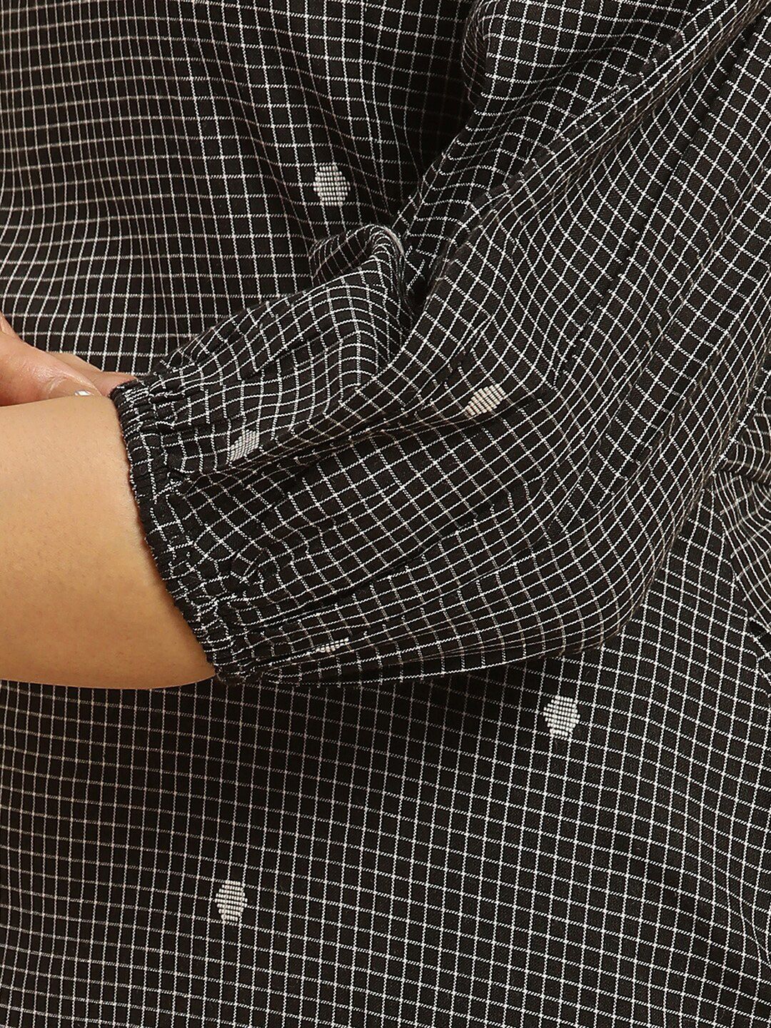 W Checked Puff Sleeves A-Line Pure Cotton Midi Dress