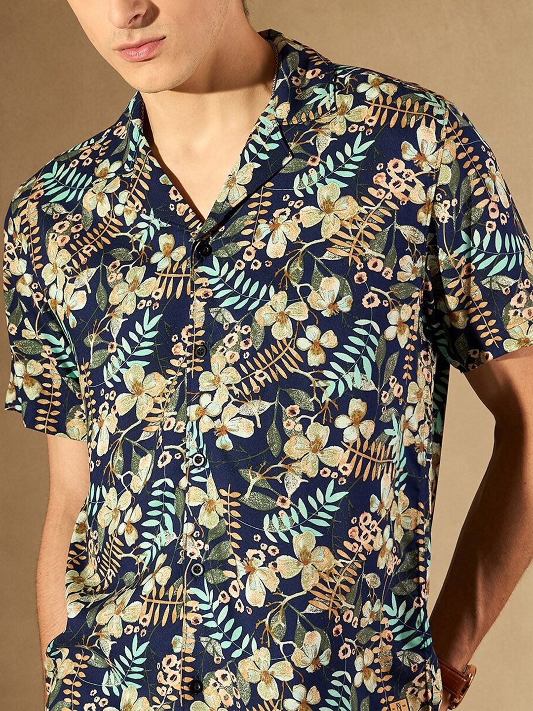 DENNISON Floral Printed Cuban Collar Smart Oversized Casual Shirt