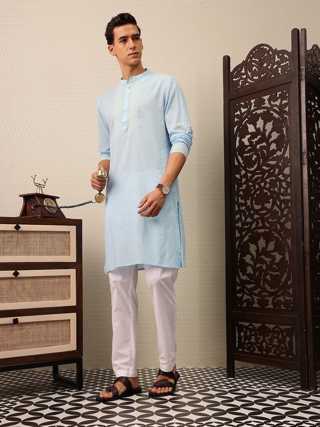House of Pataudi Striped & Embroidered Jashn Kurta