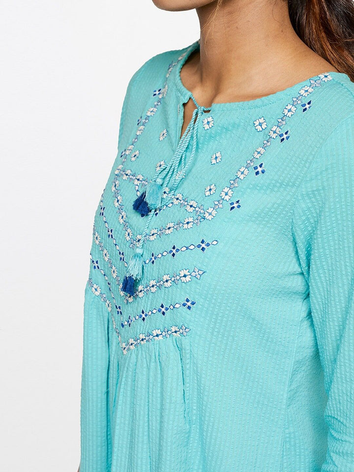Global Desi Blue Tie-Up Neck Drop-Waist Pure Cotton Dress