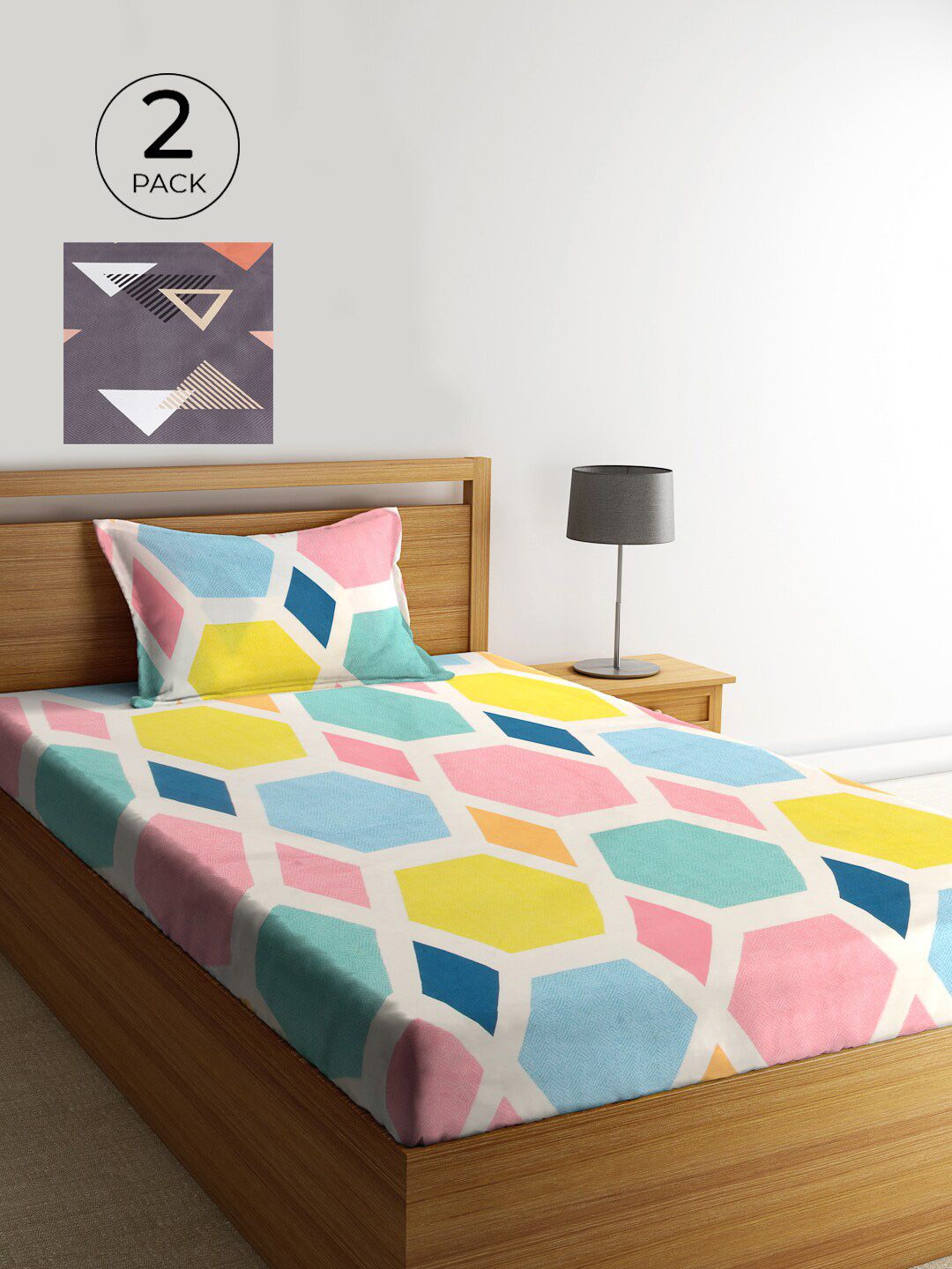 KLOTTHE Set Of 2 Multicoloured Geometric 210 TC Single Bedsheet With 2 Pillow Covers