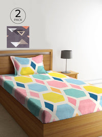 KLOTTHE Set Of 2 Multicoloured Geometric 210 TC Single Bedsheet With 2 Pillow Covers