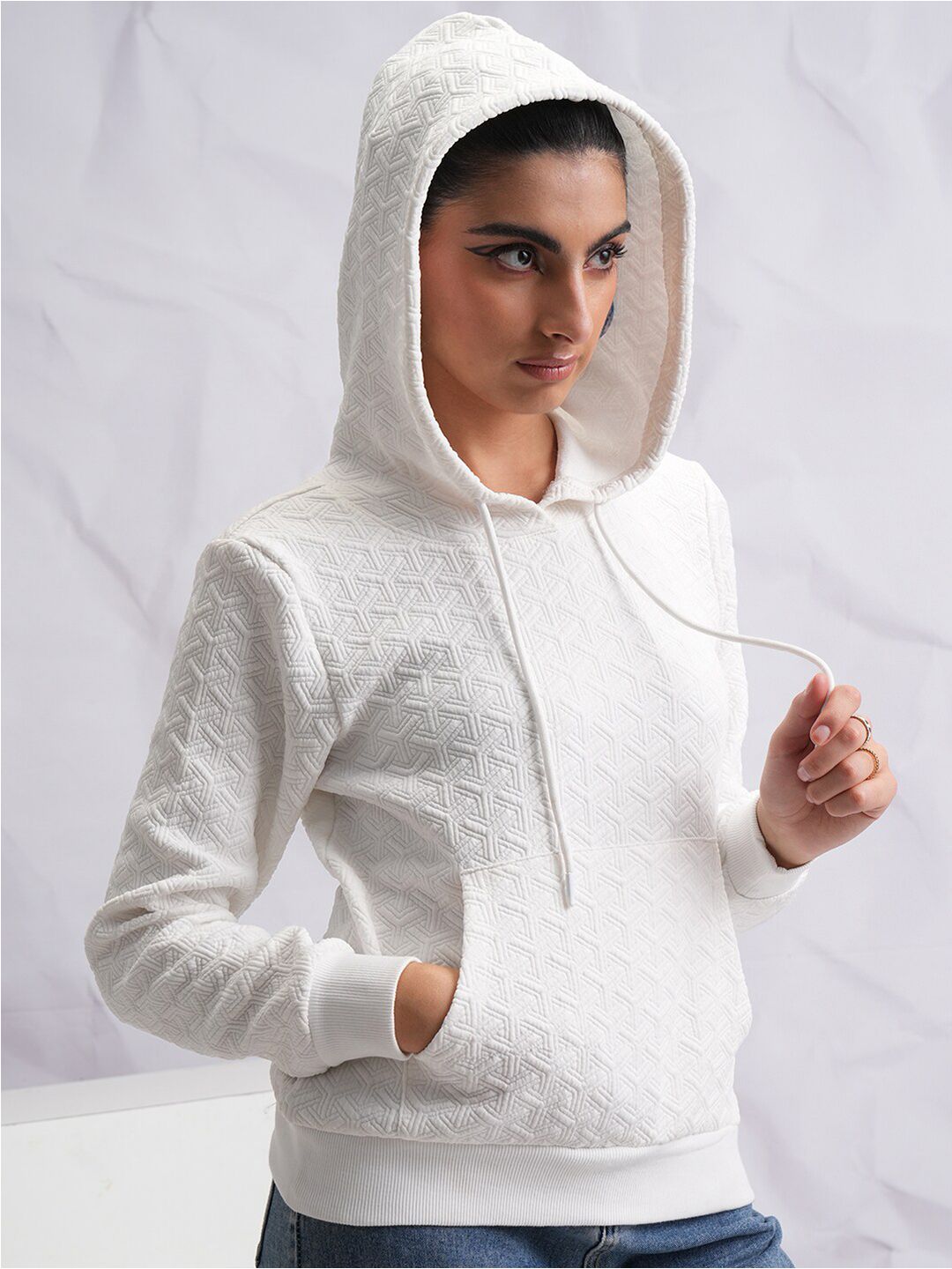 Tokyo Talkies White Self Design Hooded Pullover Sweatshirt
