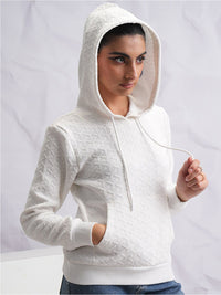 Tokyo Talkies White Self Design Hooded Pullover Sweatshirt