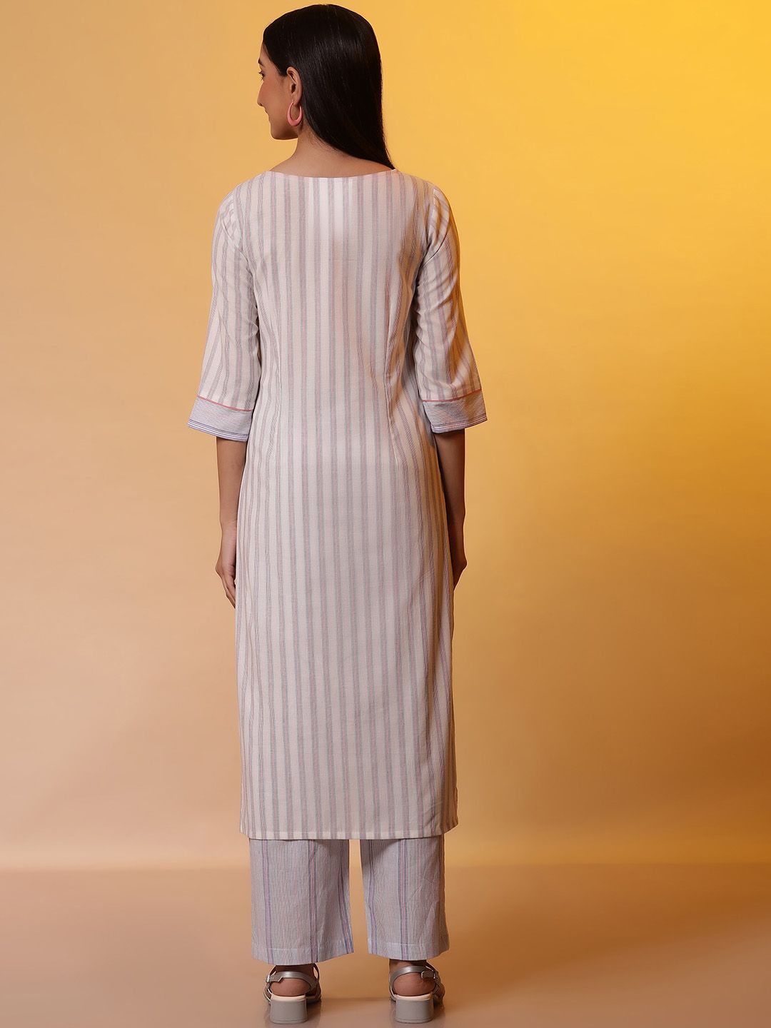 AURELIA Round Neck Striped Regular Pure Cotton Straight Kurta with Palazzos
