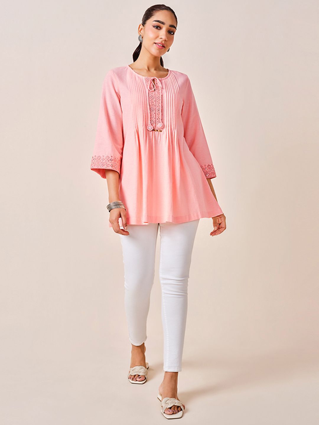Global Desi Solid Embroidered Tunic