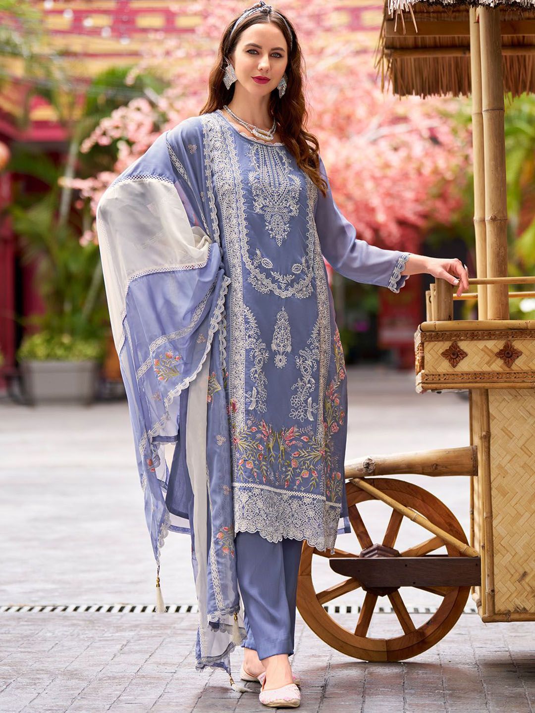 Indo Era Floral Embroidered Round Neck Thread Work Straight Kurta With Trousers & Dupatta