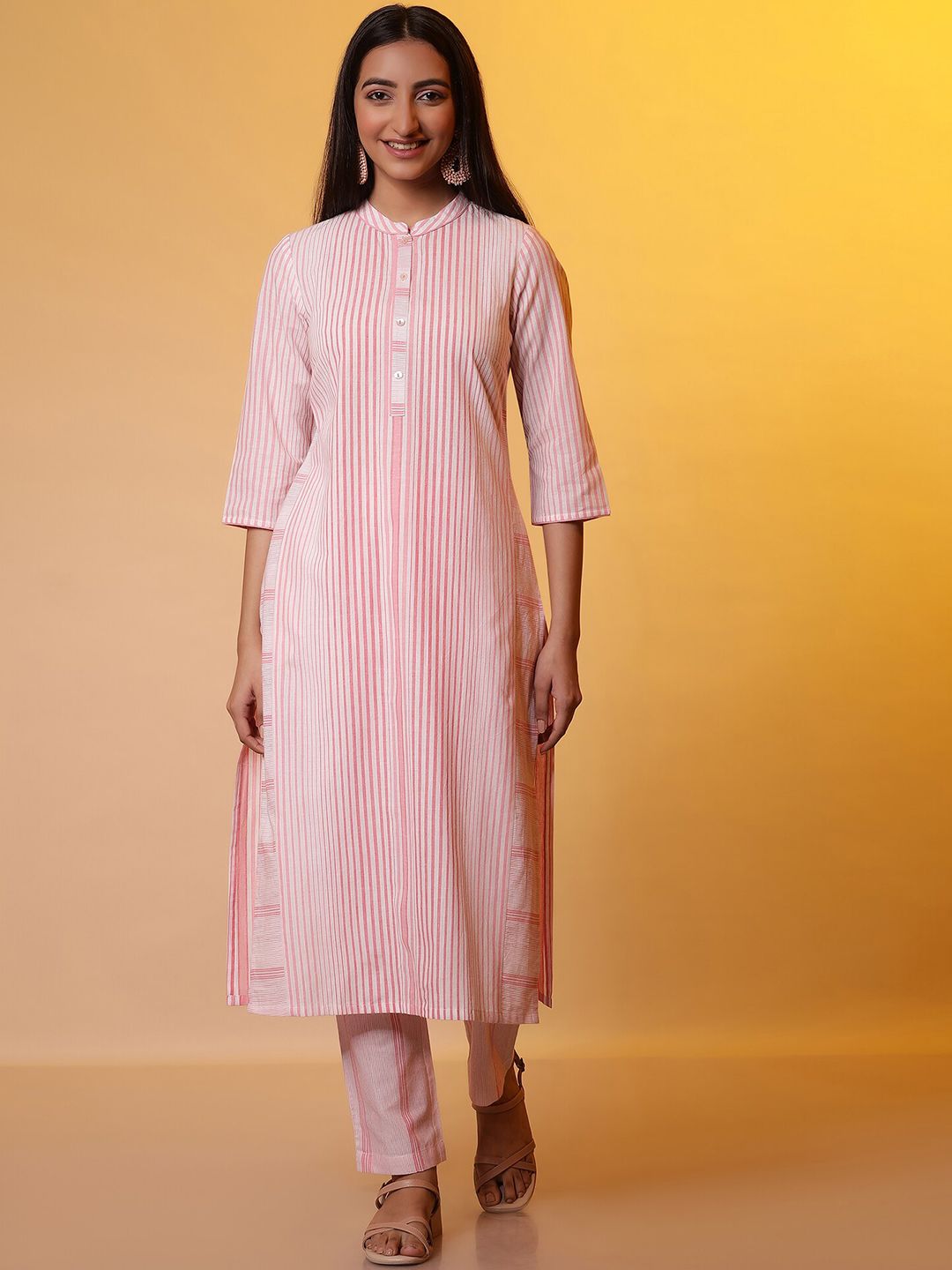 AURELIA Striped Band Collar Regular Pure Cotton Straight Kurta with Trousers