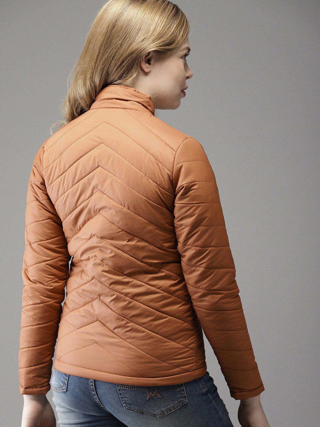 Campus Sutra Women Brown raffia Striped Windcheater Longline Outdoor Puffer Jacket